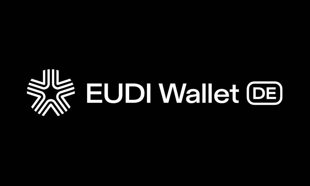 Logo mit stilisiertem weißem Sternsymbol und der Aufschrift „EUDI Wallet DE“ auf schwarzem Hintergrund