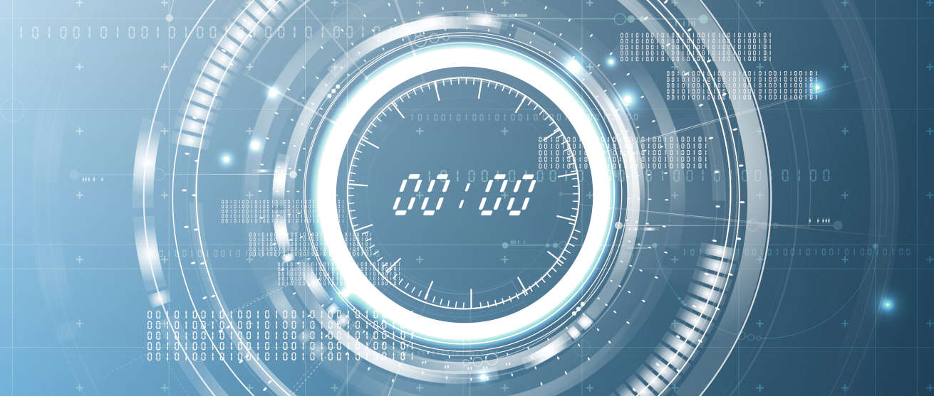Futuristische Darstellung einer digitalen Uhrzeit, die 00:00 anzeigt; Im Hintergrund Binärcode.