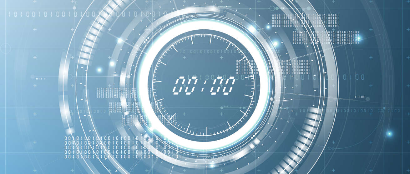 Futuristic representation of a digital clock displaying 00:00; in the background is a binary code.