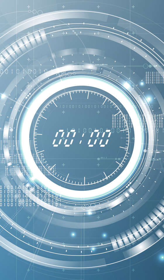 Futuristic representation of a digital clock displaying 00:00; in the background is a binary code.